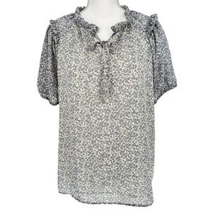 PLEIONE Floral Cottagecore Ruffle Tie Neck Blouse Romantic Boho Top Size L